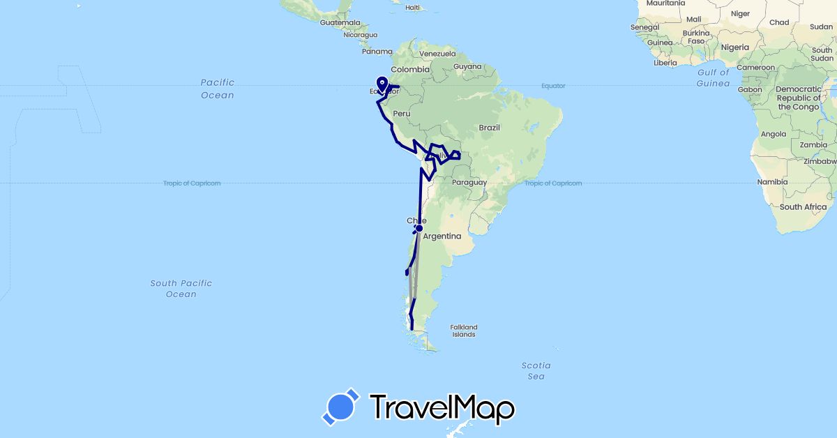 TravelMap itinerary: driving, plane in Argentina, Bolivia, Chile, Ecuador, Peru (South America)